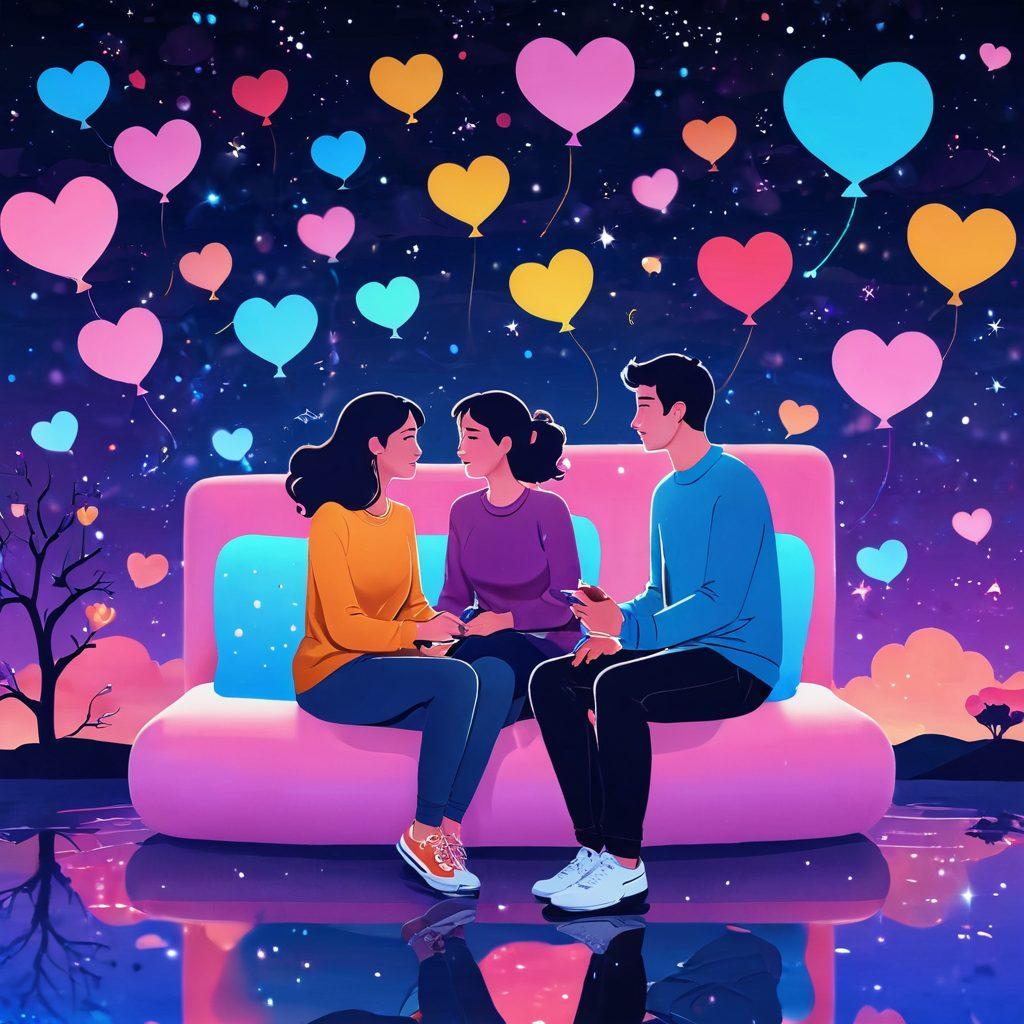 A whimsical illustration of a couple sitting across from each other on a digital platform, surrounded by floating hearts and chat bubbles. The setting features a blend of vibrant colors reminiscent of a dreamy virtual reality environment. Incorporate elements like avatars, glowing screens, and a starry night sky to enhance the romantic atmosphere. The characters should express excitement and joy, symbolizing a memorable online encounter. vector art. vibrant colors. dreamy background.