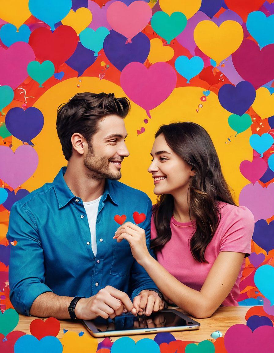 A vibrant digital collage depicting a modern couple navigating online dating, surrounded by colorful chat bubbles and hearts, representing casual flings transforming into a deep connection. The background features various dating app icons and symbols of love like roses and rings, illustrating the journey from fun interactions to lasting relationships. The scene radiates warmth and excitement, inviting viewers to explore their own dating adventures. vibrant colors. 3D. digital art.