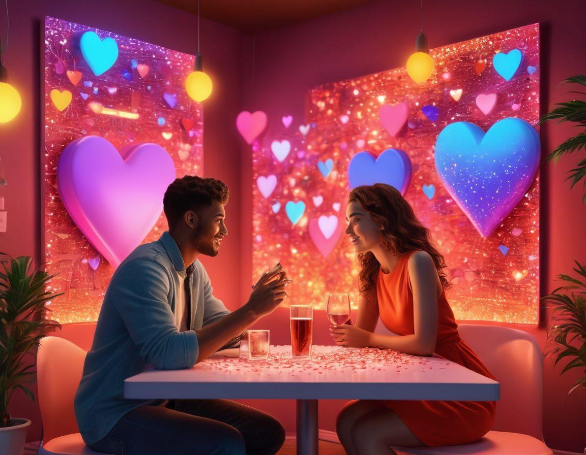 A captivating virtual dating scene featuring diverse couples engaging in passionate conversation through vibrant screens, illuminated by soft glowing lights. The background showcases a whimsical blend of hearts and digital elements, symbolizing connection and love in a virtual world. Include hints of flirtatious emojis and playful chat bubbles to enhance the seductive atmosphere. The overall mood should be warm and inviting, sparking curiosity and excitement. colorful digital art. vibrant colors. 3D.